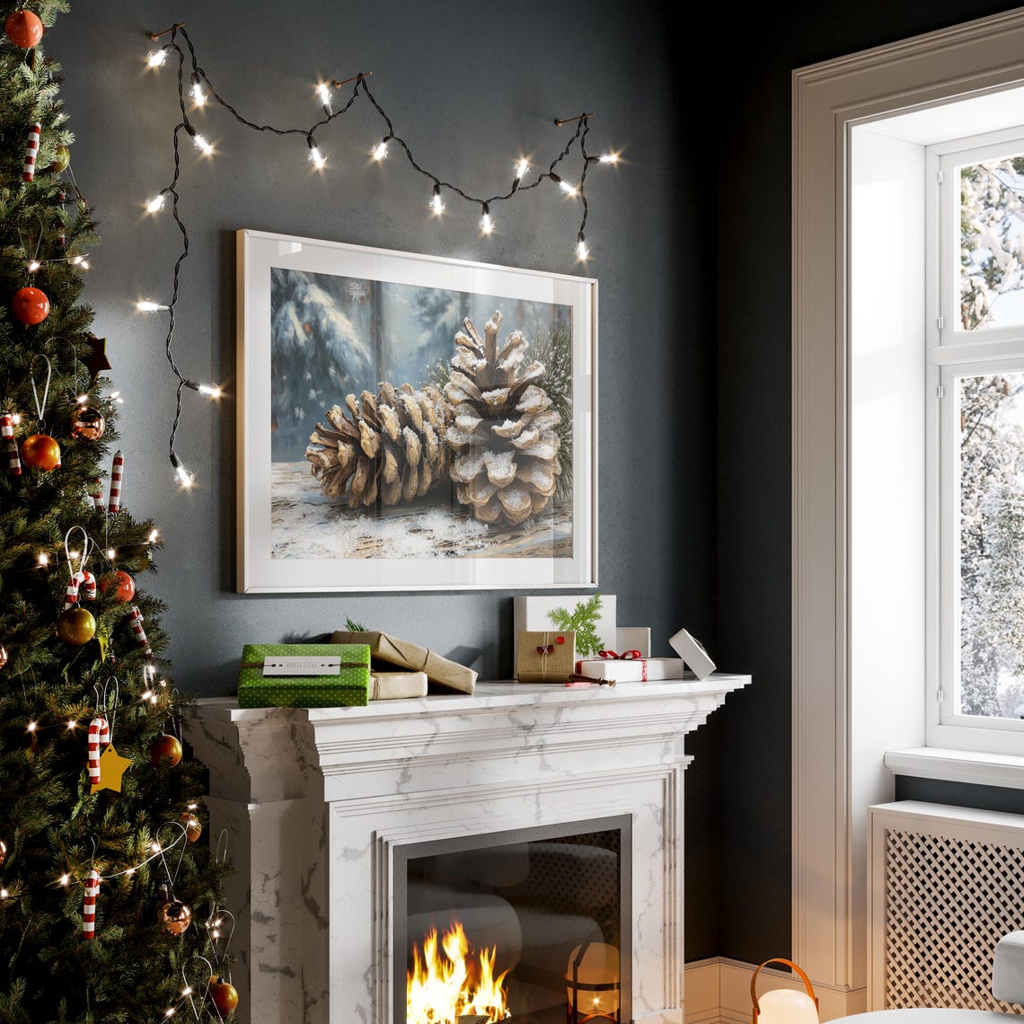 Snowy Pinecones Winter Forest Still Life Oil Painting Poster - Image 4