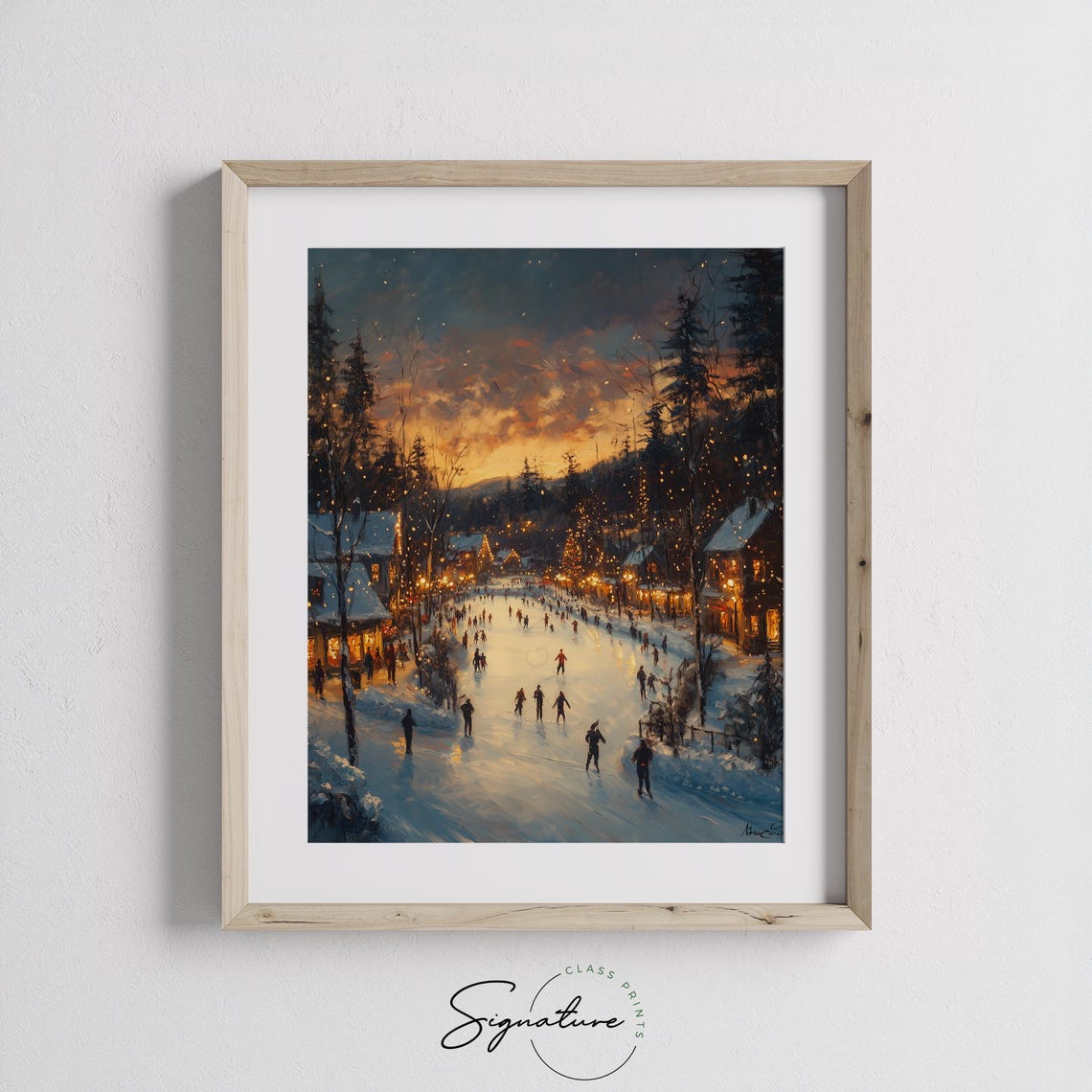 Ice Skaters on Frozen Pond in Lit Village at Winter Dusk Poster - Image 2