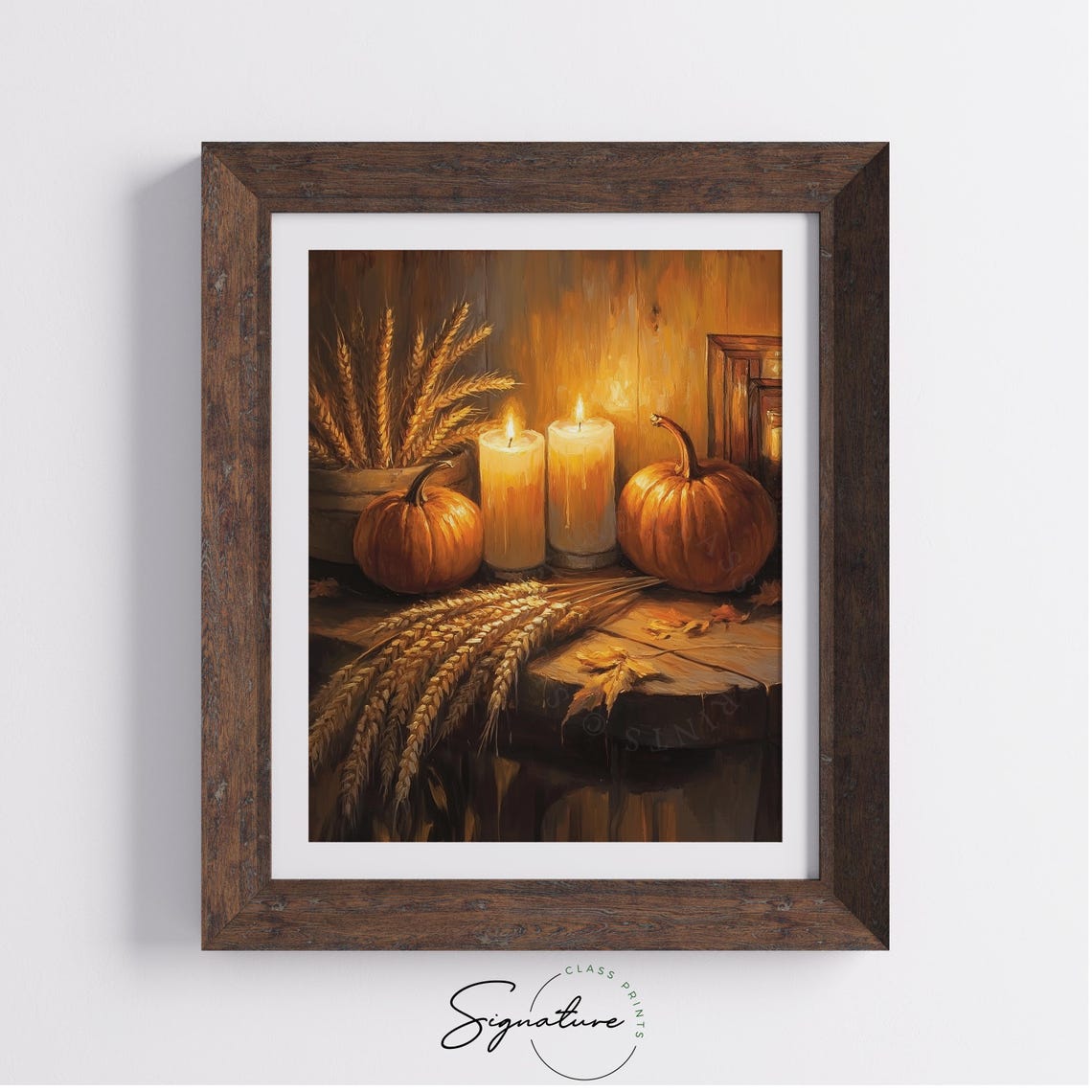 Glowing Candles With Pumpkins And Wheat Harvest Table Poster - Image 4