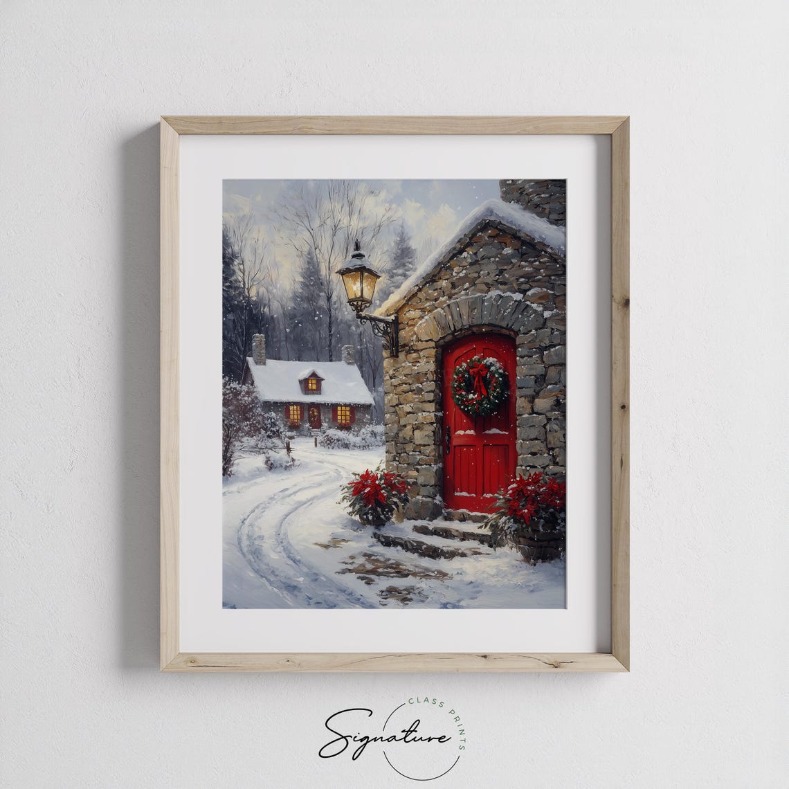 Stone House with Red Door Wreath and Lantern in Snow Christmas Poster - Image 2