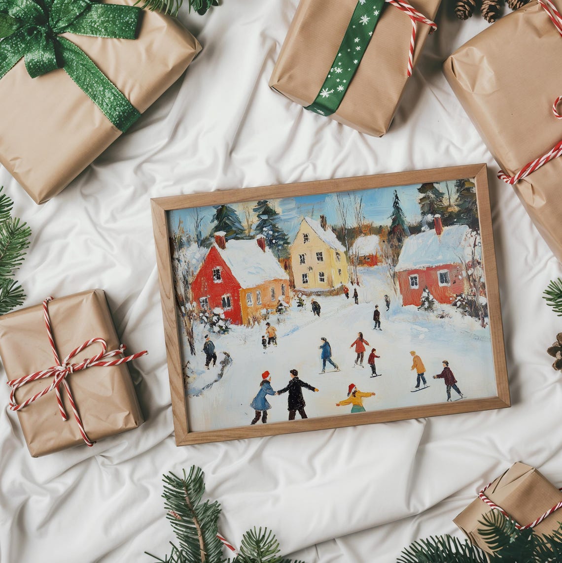 Village Ice Skaters On A Snowy Pond Impressionist Winter Art Poster - Image 2
