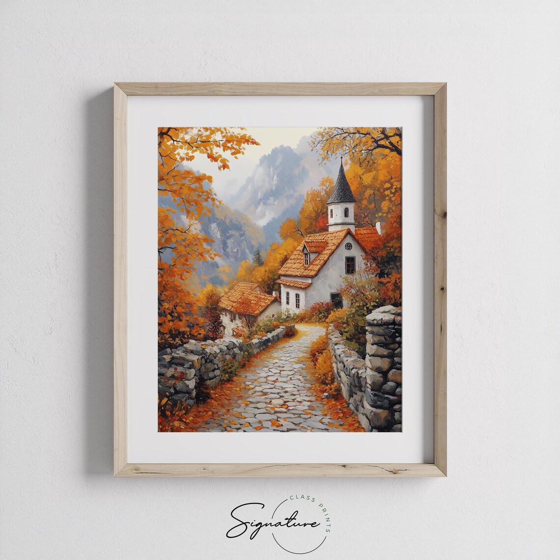 Mountain Village Church on Cobblestone Street in Glowing Autumn Light Wall Art - Image 3