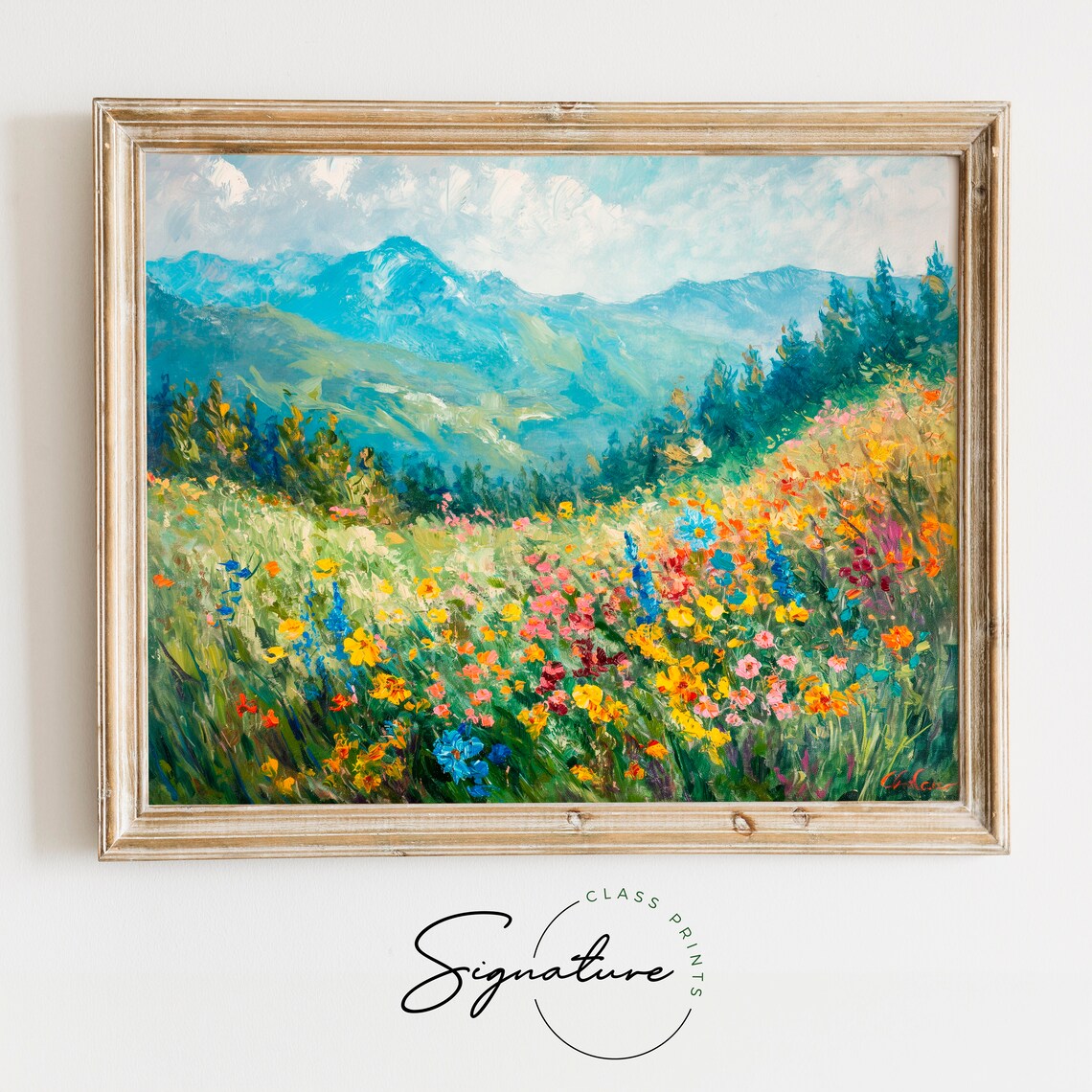 Wildflower Meadow with Blue Mountains Impressionist Oil Painting Poster