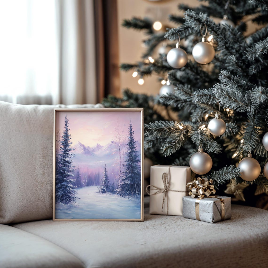 Pastel Pink Sunset Glow Snowy Pine Trail Mountains Oil Painting Poster - Image 5