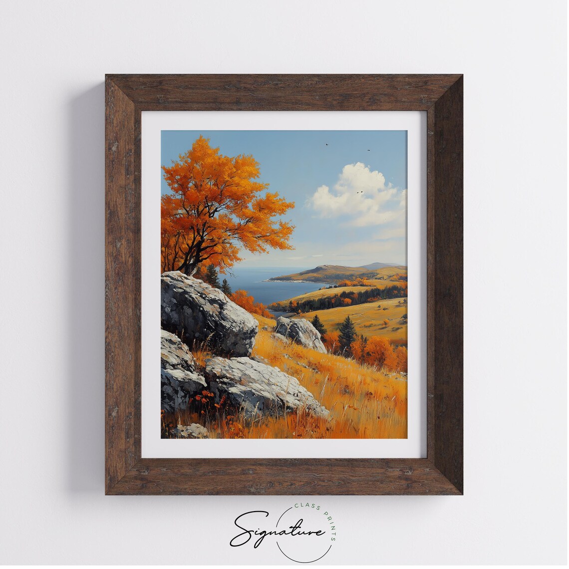 Orange Autumn Tree on Rocky Cliffs Overlooking Blue Lake and Hills Wall Art - Image 4