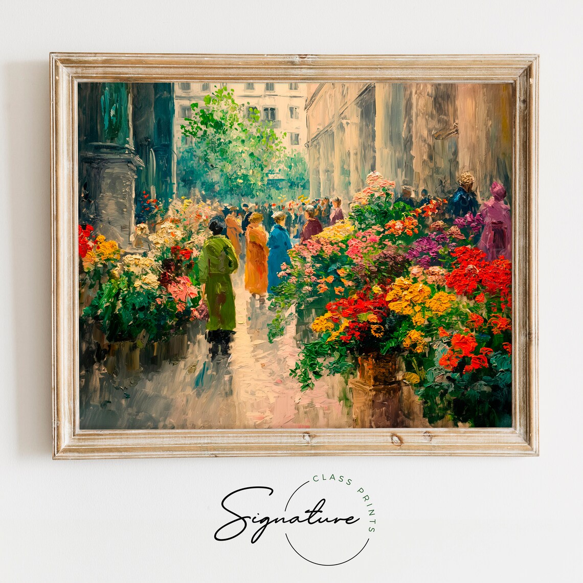Busy Flower Market Street With Crowds Colorful Urban Art Poster