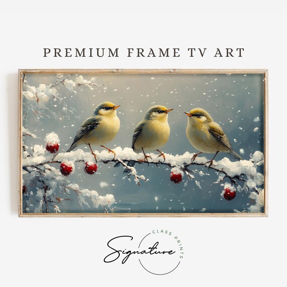 Goldcrest Trio On Snowy Berry Branch In Gentle Falling Snow Winter Art Poster