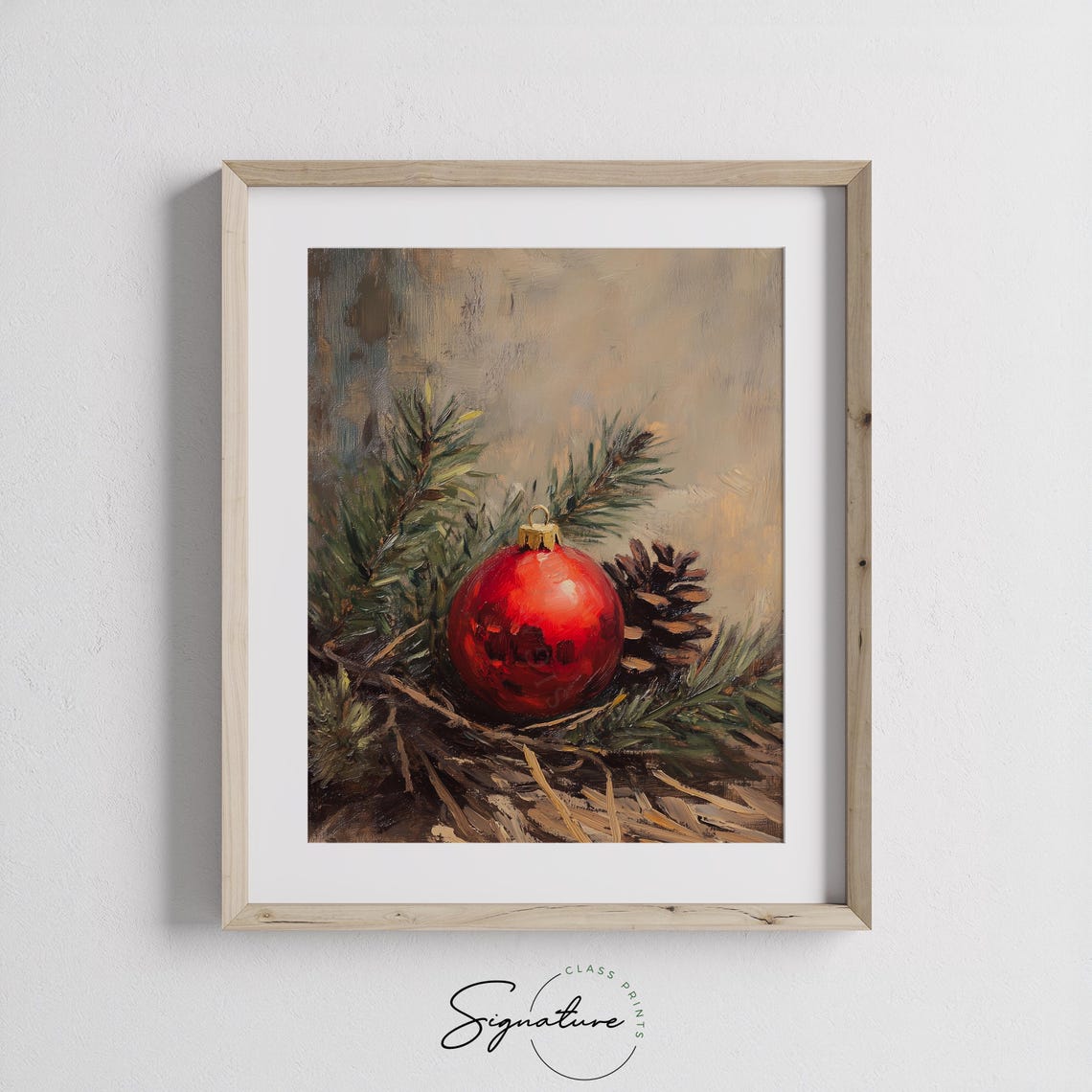 Red Christmas Ornament With Pinecone and Evergreen Branches Poster - Image 2
