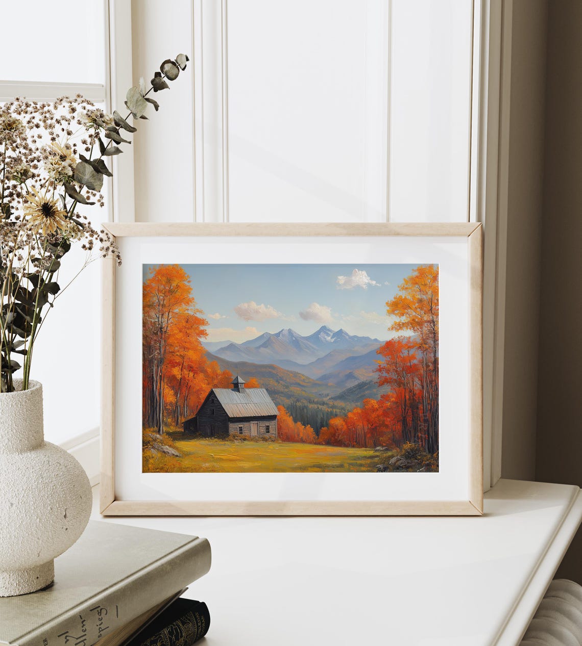 Rustic Barn With Cupola Autumn Trees Snowcapped Mountain Peaks Print - Image 6