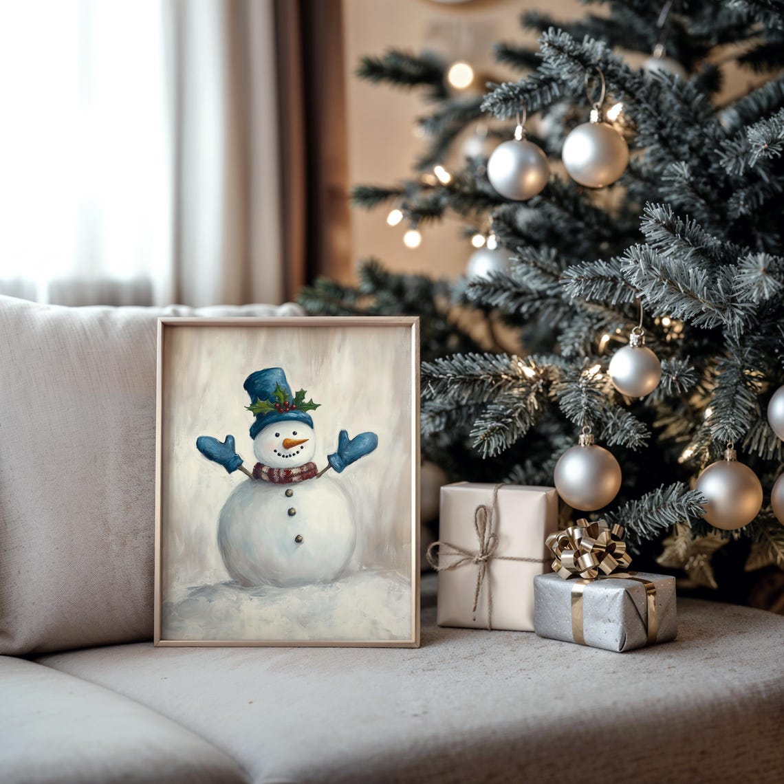 Cheerful Snowman in Blue Hat with Holly Christmas Painting Poster - Image 5