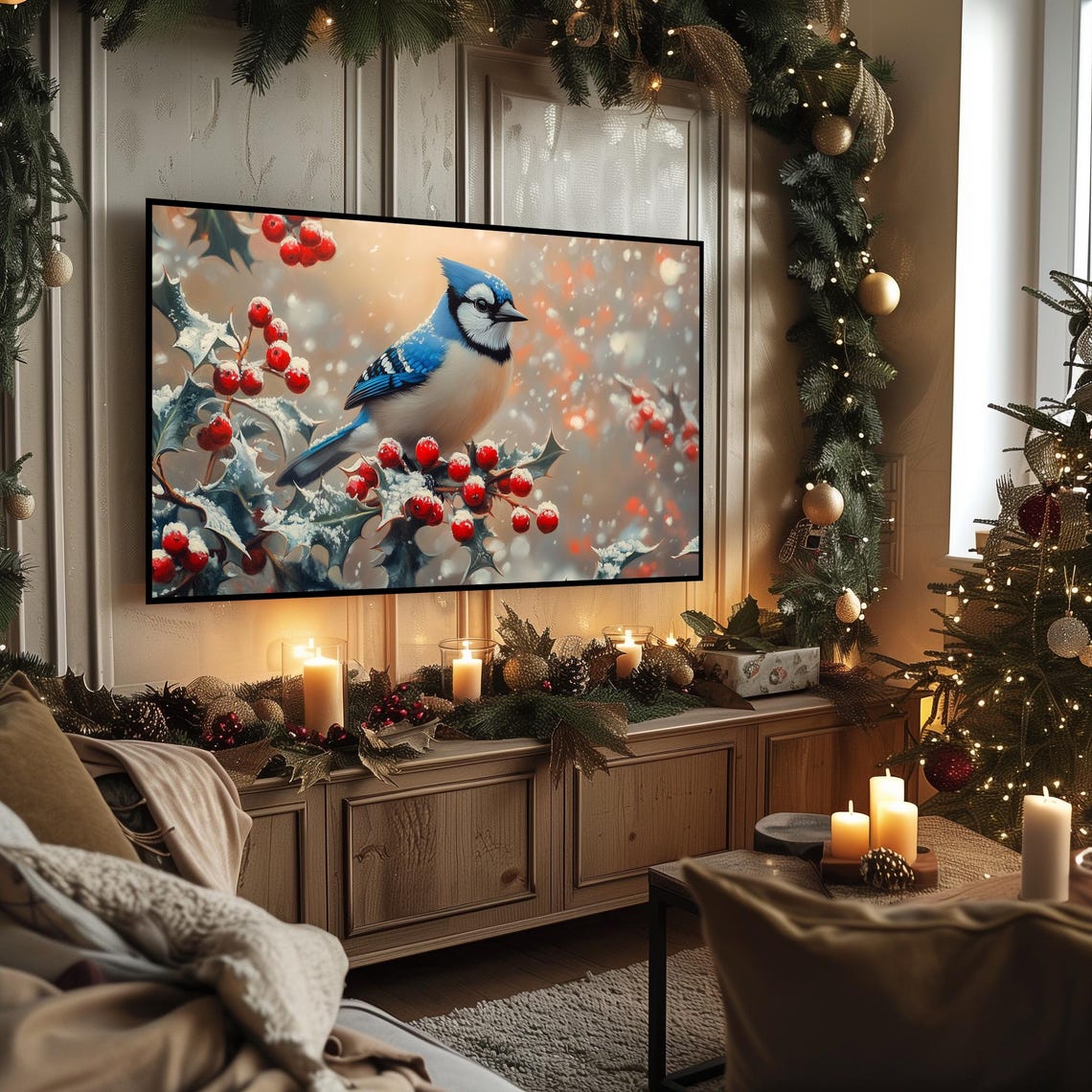 Blue Jay on Snow Covered Holly With Red Berries Winter Bird Poster - Image 3