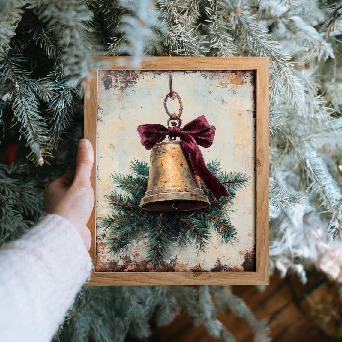 Brass Christmas Bell with Red Velvet Bow Pine Oil Painting Print - Image 6