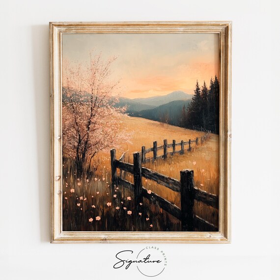Blossoming Tree Wooden Fence Sunset Over Golden Hills Landscape Poster