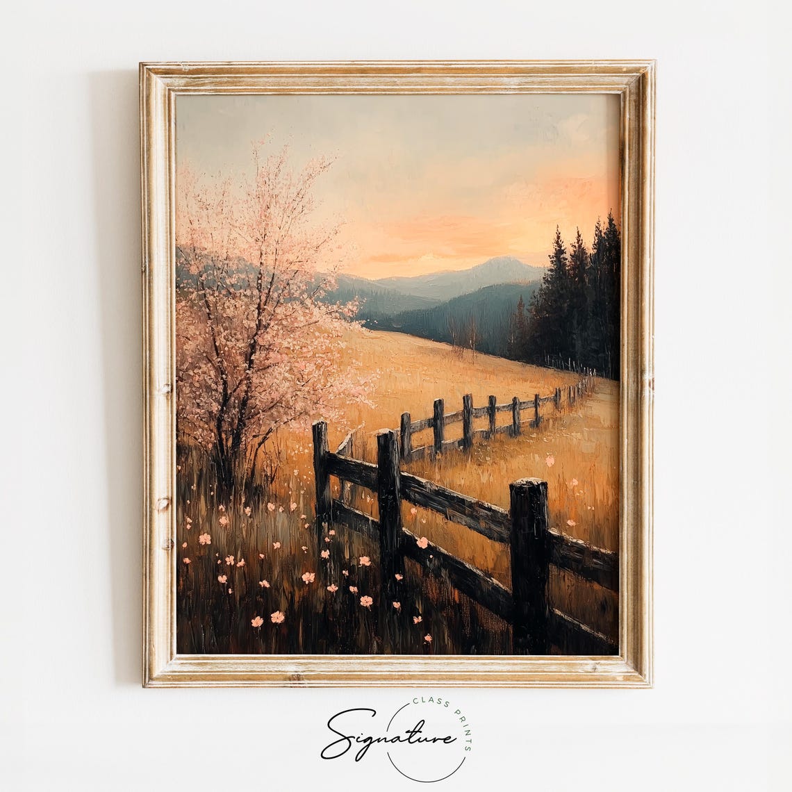 Blossoming Tree Wooden Fence Sunset Over Golden Hills Landscape Poster