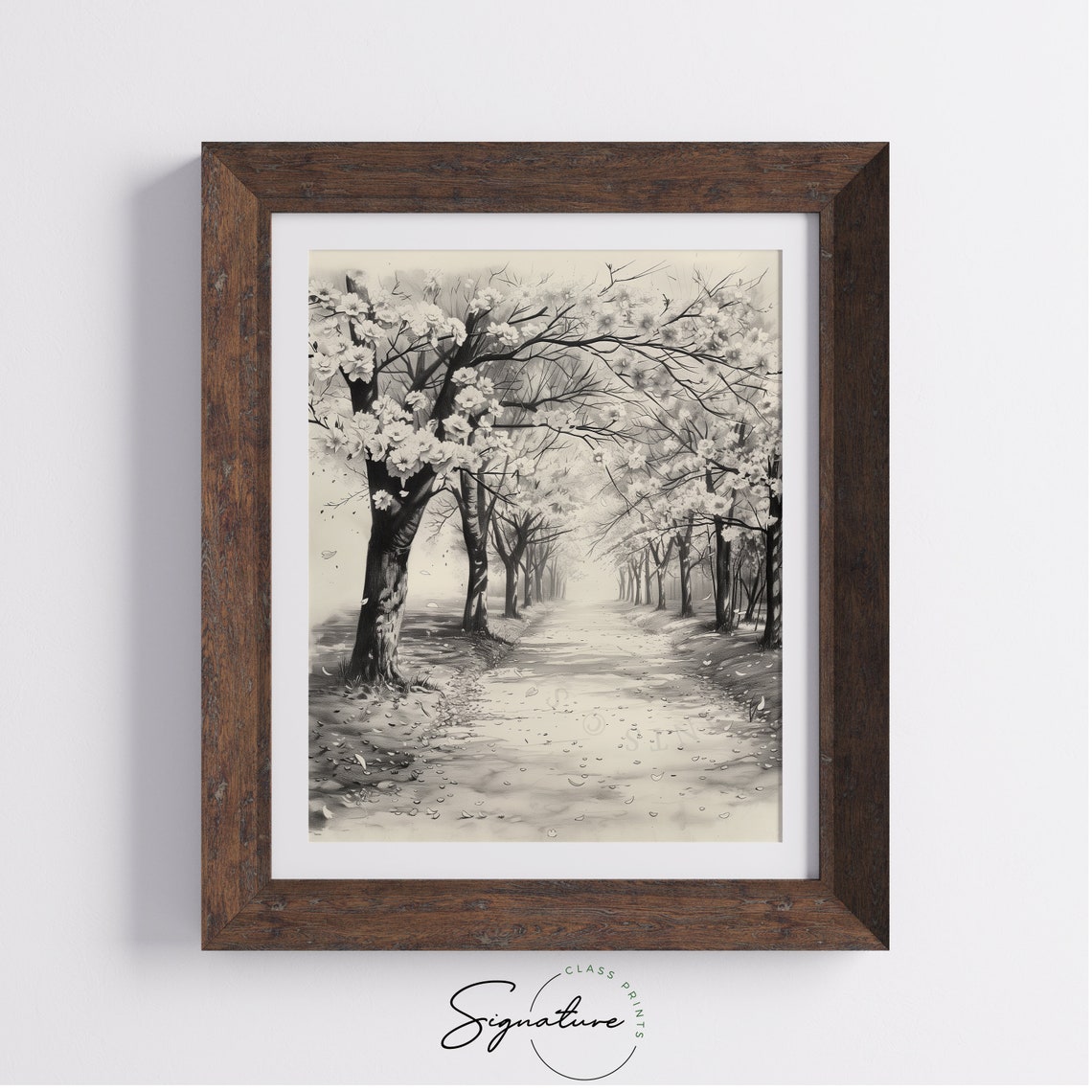 Tranquil Cherry Blossom Path In Spring Monochrome Ink Sketch Poster - Image 4
