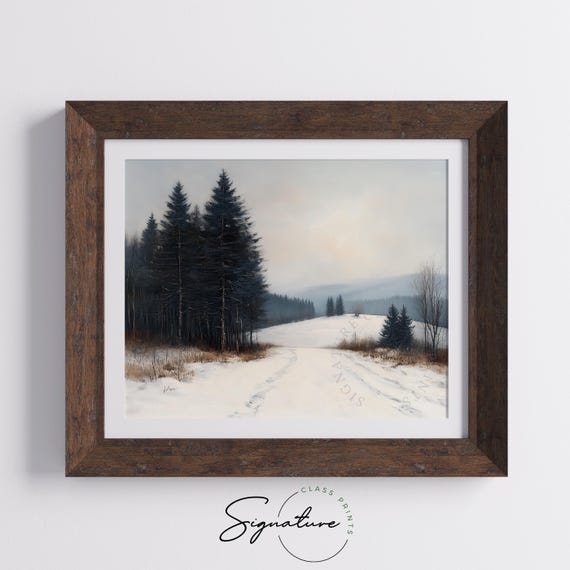 Snow Covered Hill With Distant Forest And Winter Sky Moody Winter Landscape Christmas Scene Rustic Cottagecore Art Print 2066