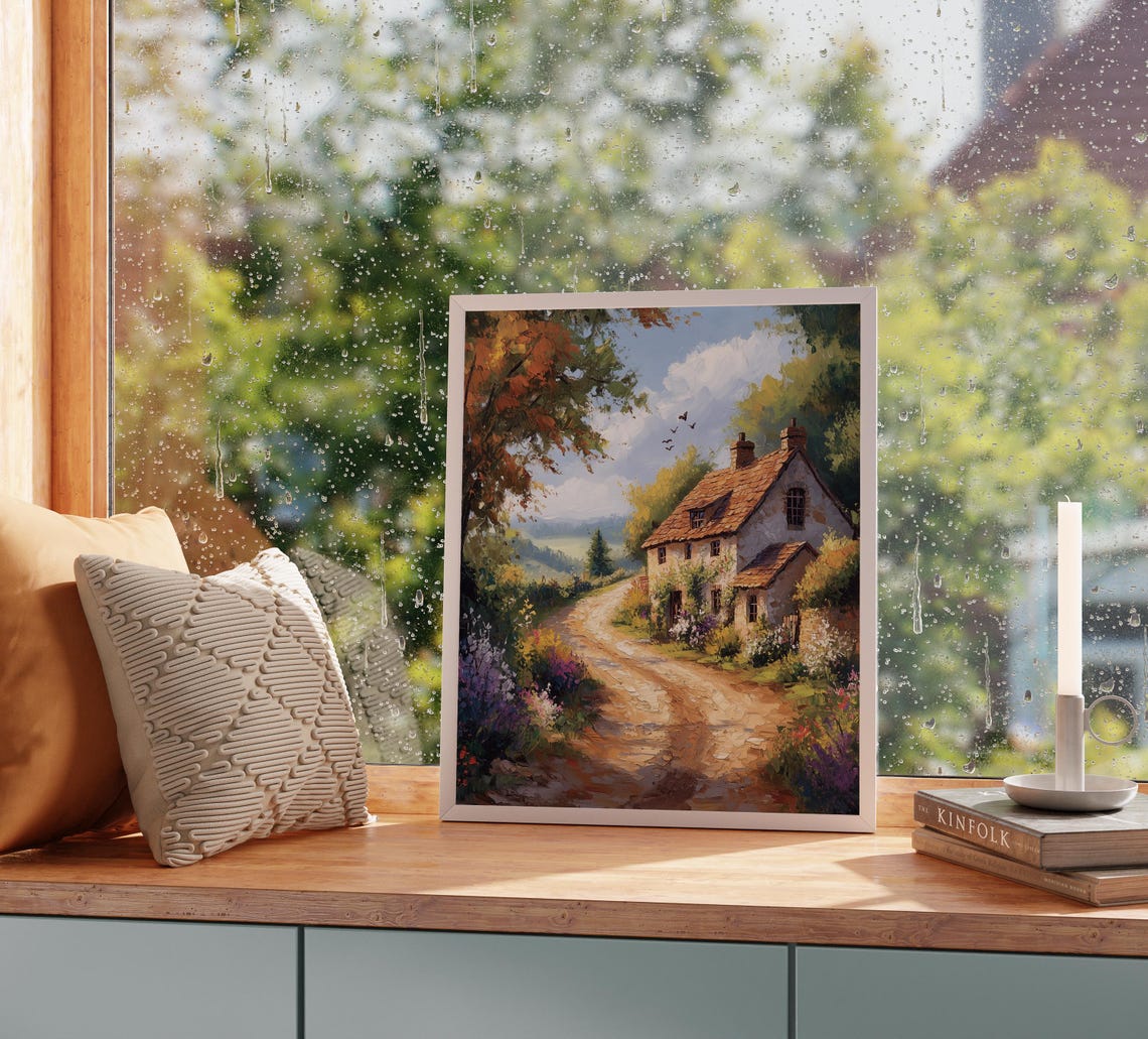 Country Lane to Stone Cottage Wildflowers Birds Summer Print - Image 2