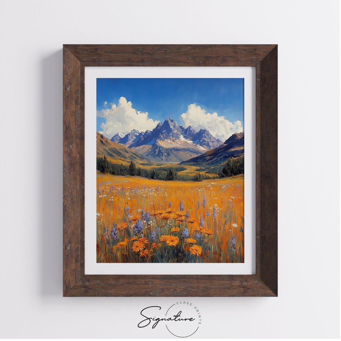 Alpine Wildflower Meadow Orange Blooms Snowy Peaks Blue Sky Poster - Image 4