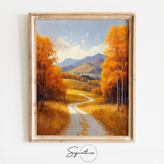 Golden Aspen Path Toward Sunny Mountain Valley Landscape Print