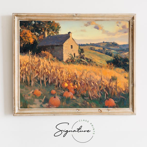 Rustic Stone Barn With Pumpkins Earthy Fall Colors Moody Autumn Wall Art Cottagecore Decor For Fall Farmhouse Decor 1504