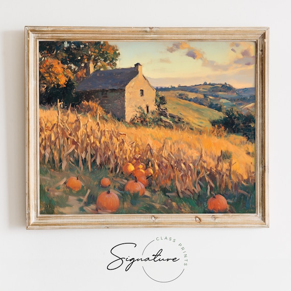 Stone Cottage With Pumpkins Resting in a Golden Cornfield Sunset Poster