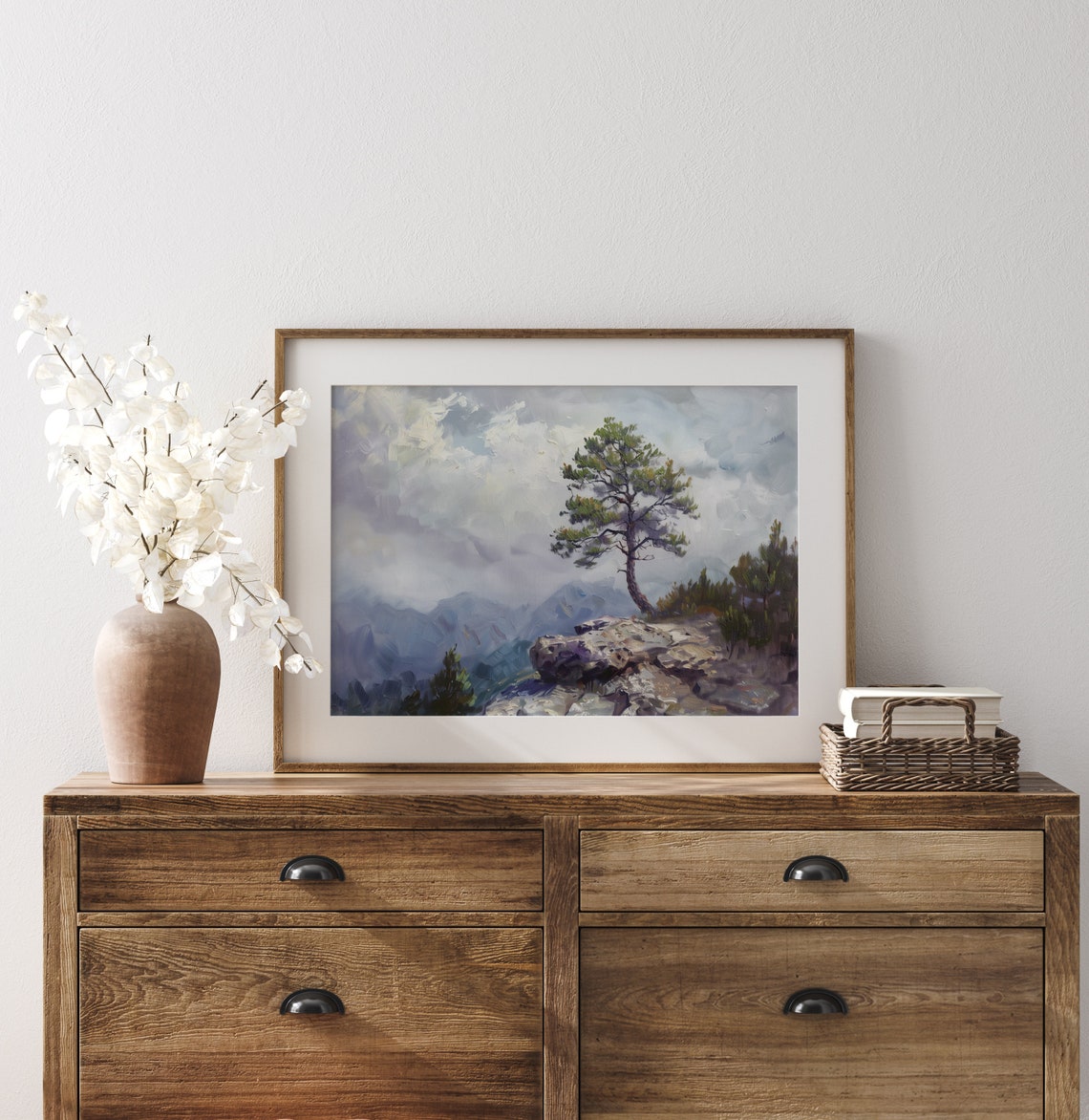 Lone Pine Tree On Rocky Ridge Above Misty Blue Mountains Poster - Image 3