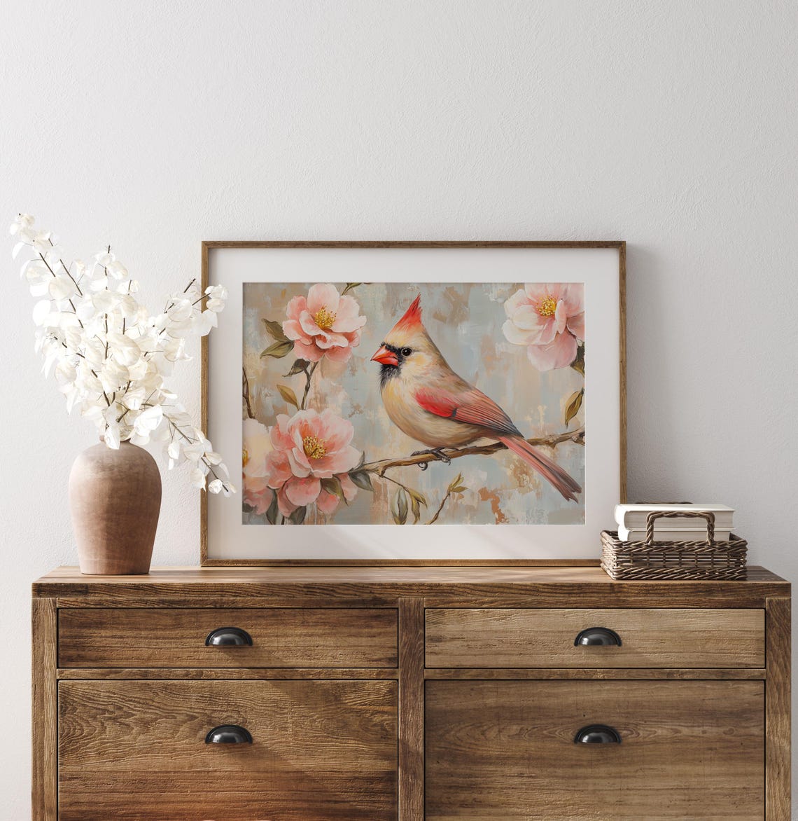 Female Northern Cardinal Among Pink Camellia Blossoms Poster - Image 2