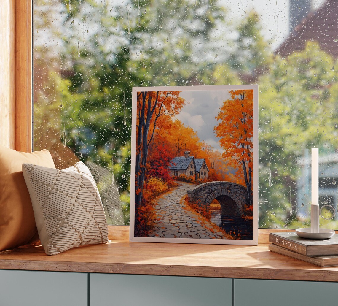 Cobblestone Village Path, Rustic Autumn Landscape Art Print - Image 2