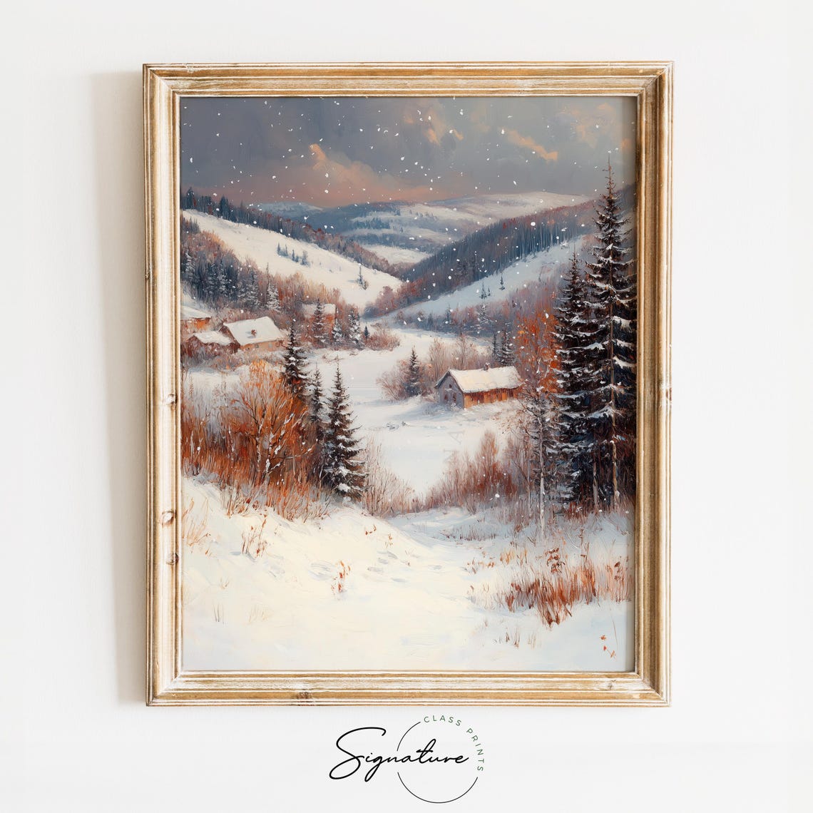 Snowy Mountain Valley with Cabins in Soft Falling Snow Poster