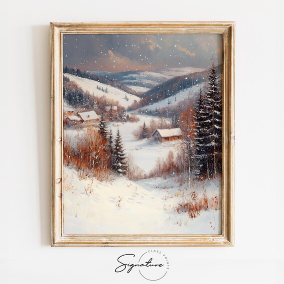 Snowy Mountain Valley with Cabins in Soft Falling Snow Poster