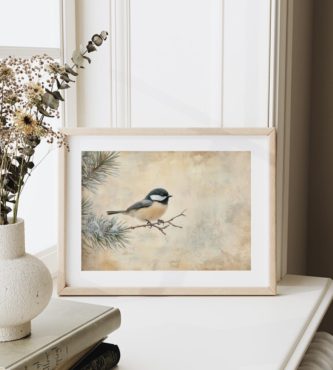 Chickadee On Frosted Pine Branch Warm Vintage Winter Bird Wall Art - Image 6