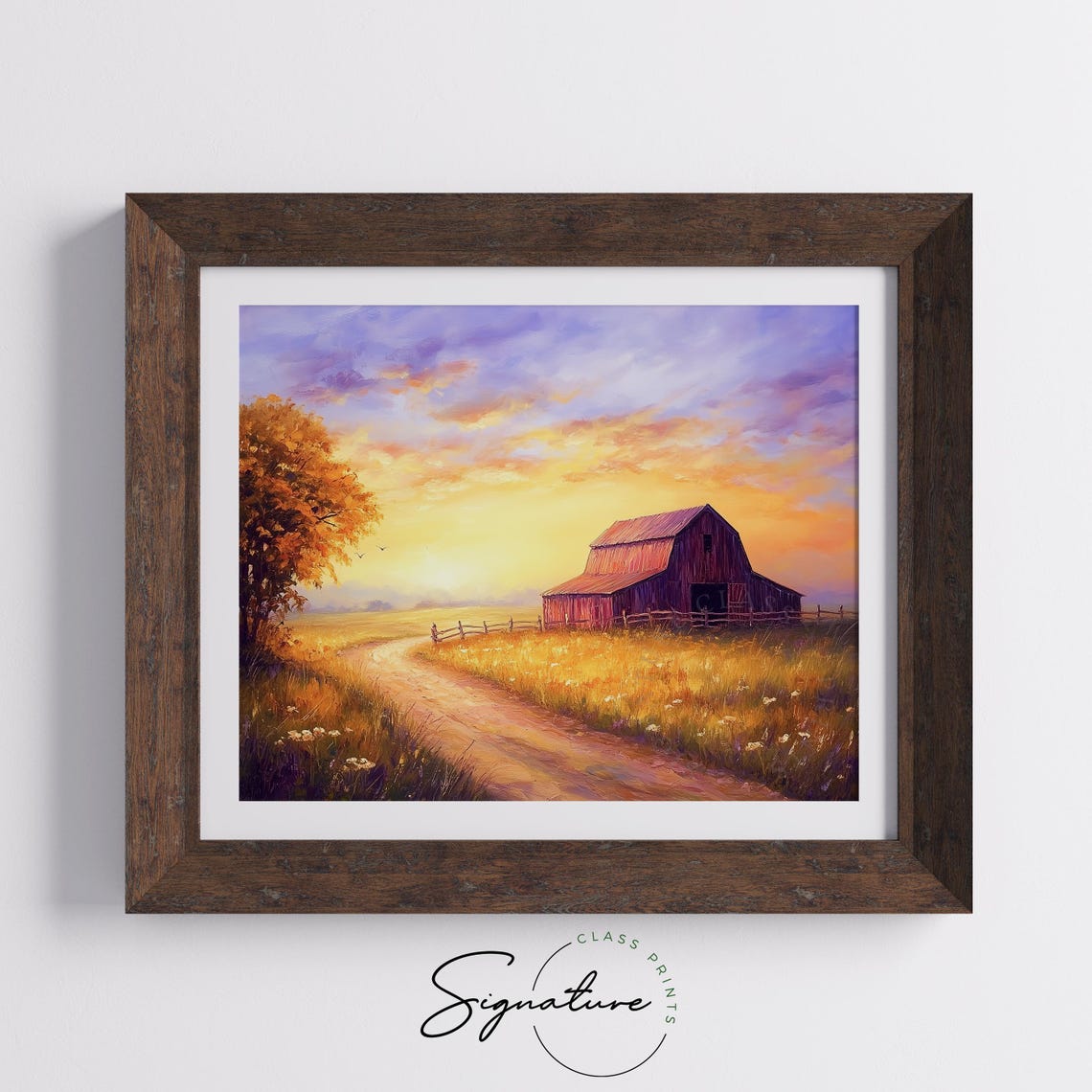 Red Barn At Golden Sunset Country Road Rustic Landscape Poster - Image 3