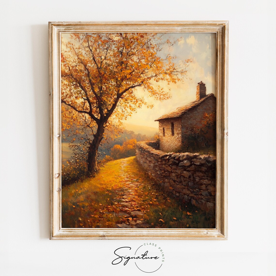Stone Cottage Stone Wall Golden Autumn Tree Rustic Fall Landscape Poster
