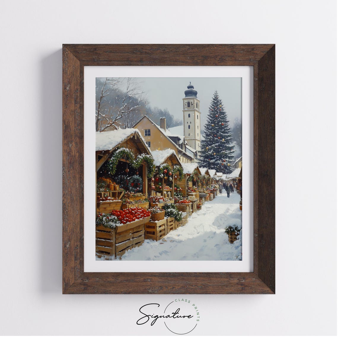 Snowy Christmas Market with Church Tower Stalls and Tree Poster - Image 3