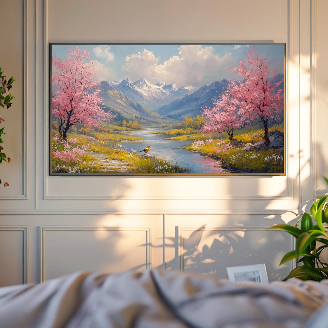 Snowy Mountain River Valley With Cherry Blossoms Spring Poster - Image 4