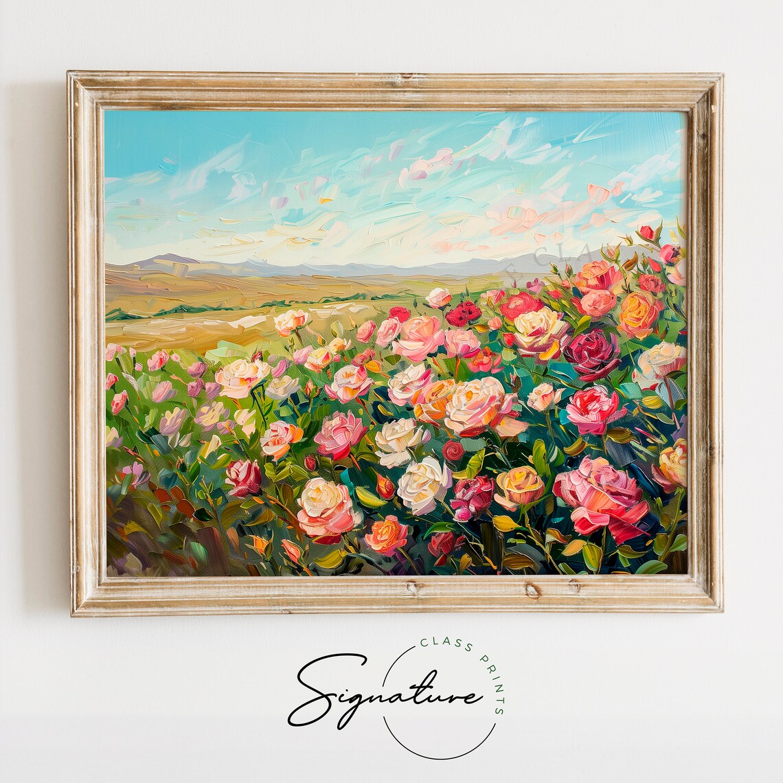 Vibrant Rose Field Art Print, Rustic Floral Landscape