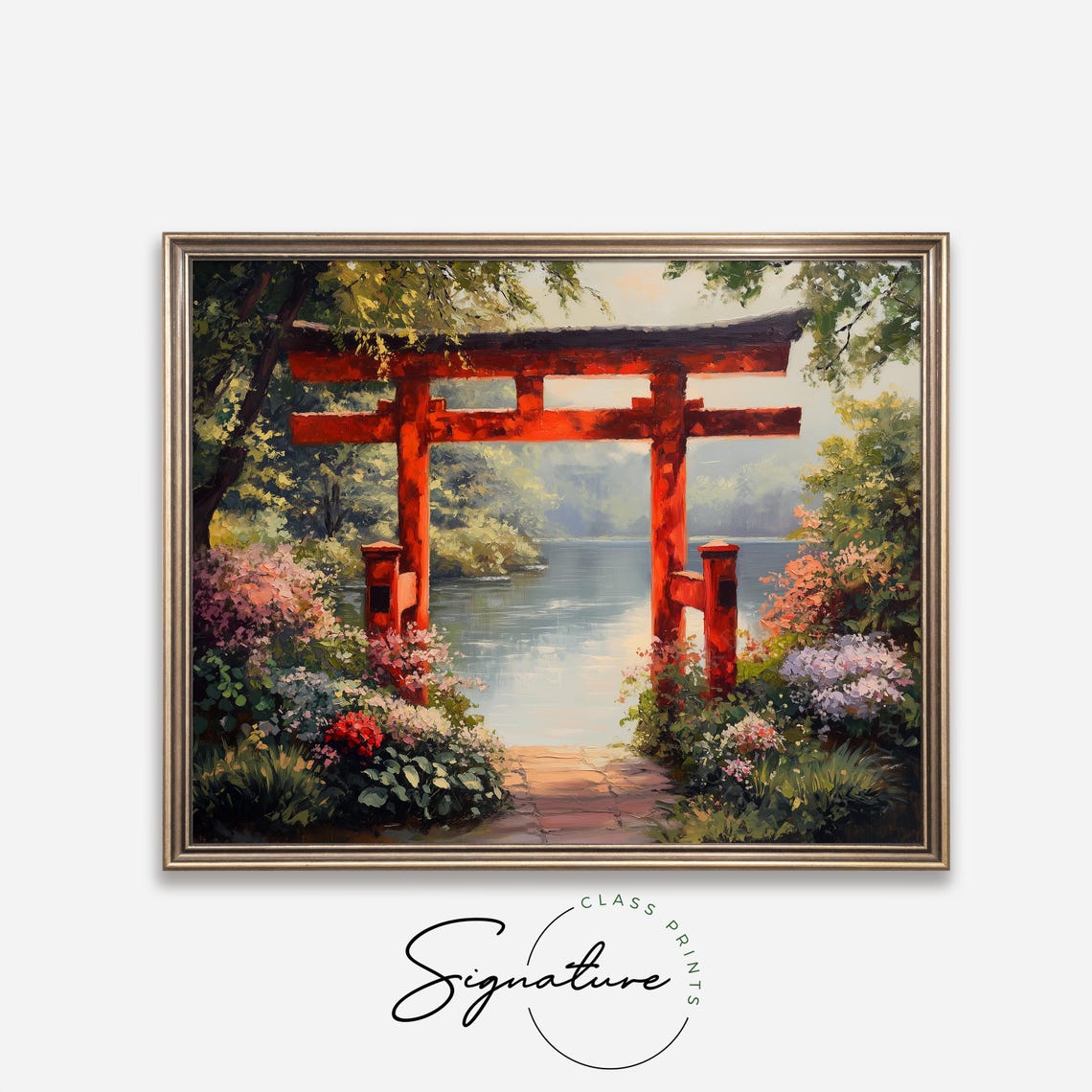 Japanese Torii Gate Floral Garden Lakeside Serene Asia Travel Poster - Image 2