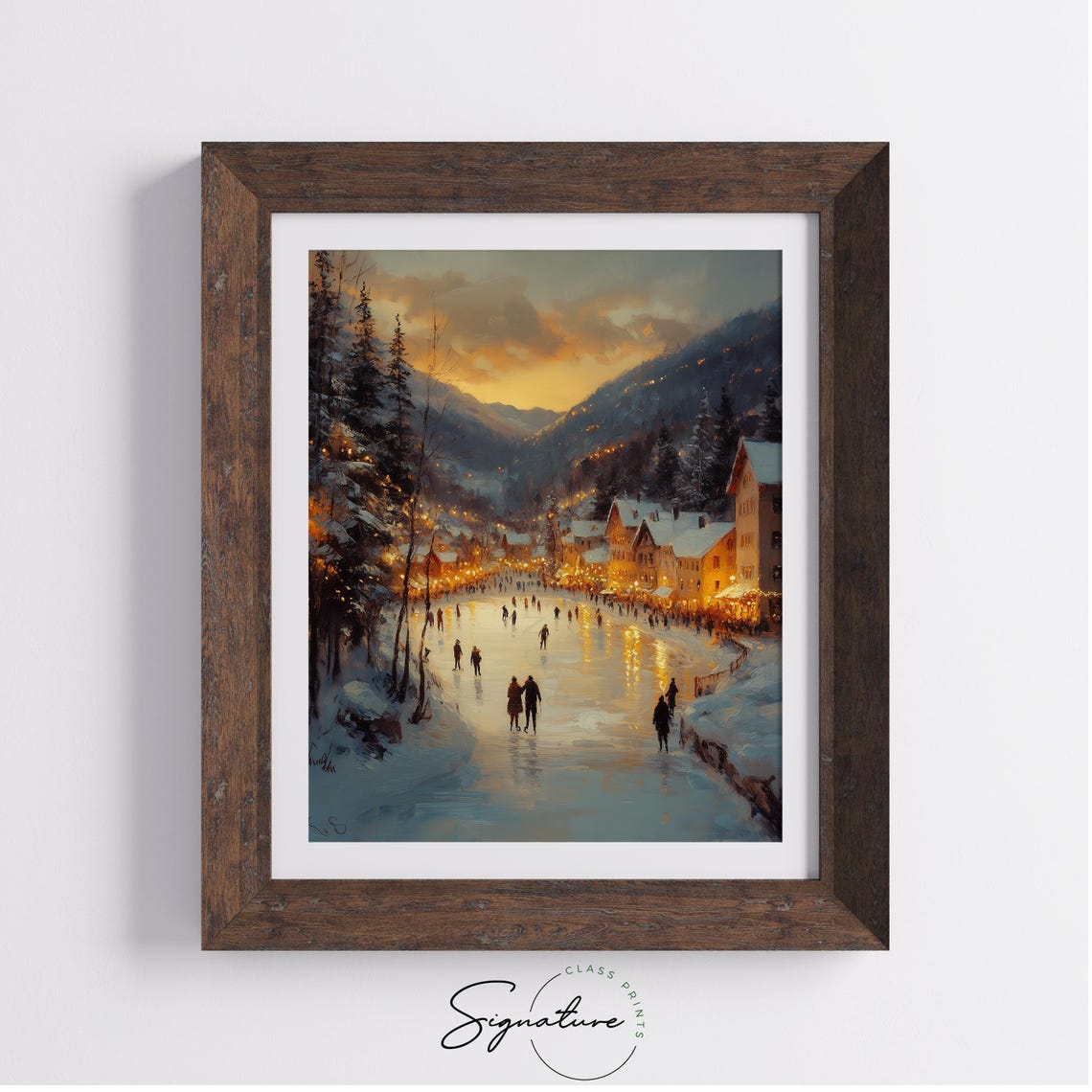 Frozen Lake at Sunset with Ice Skaters in Snowy Village Scene Poster - Image 3