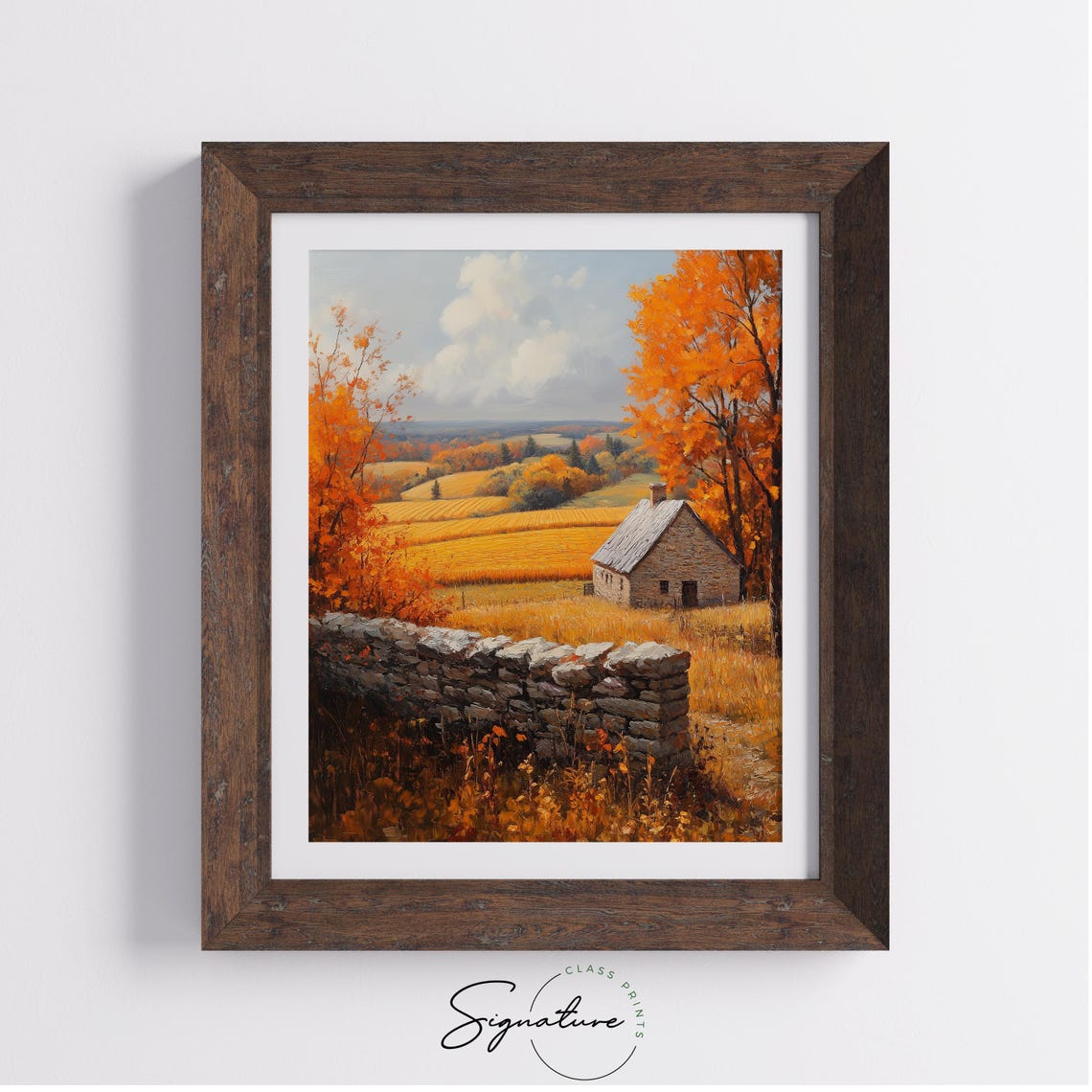 Stone Cottage and Rock Wall in Golden Autumn Field Landscape Poster - Image 4