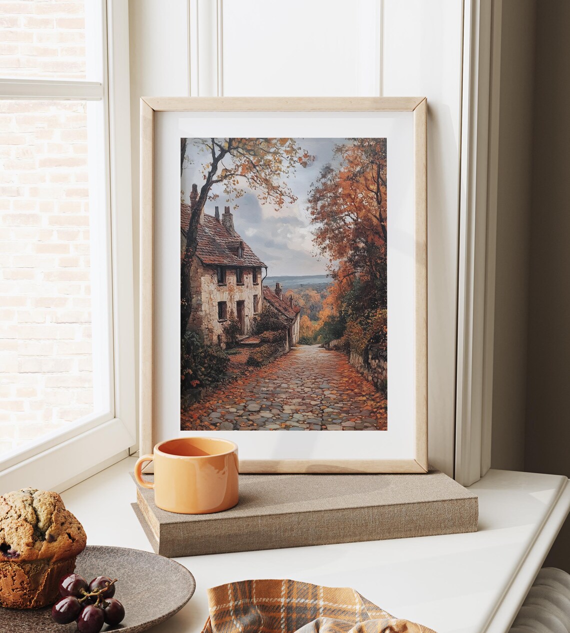 Cobblestone Village Lane Autumn Stone Cottage Fall Landscape Art Poster - Image 6
