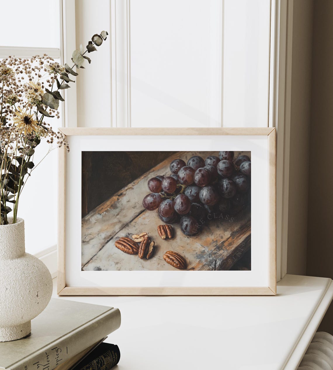 Still Life of Dark Grapes and Pecans Rustic Oil Painting Print - Image 6