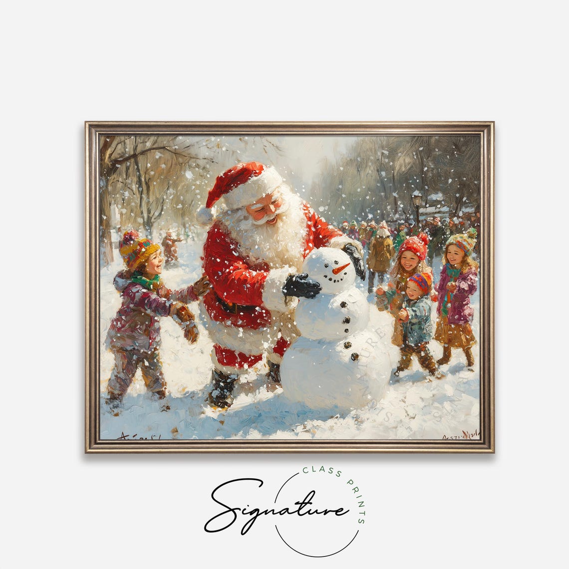 Santa Claus Building Snowman With Children in Snowy Street Poster - Image 4