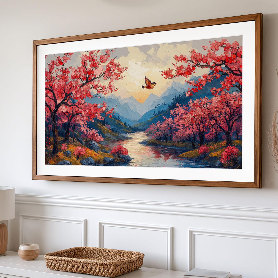 Bird Soaring Over Cherry Blossom River Valley Impasto Art Poster - Image 2