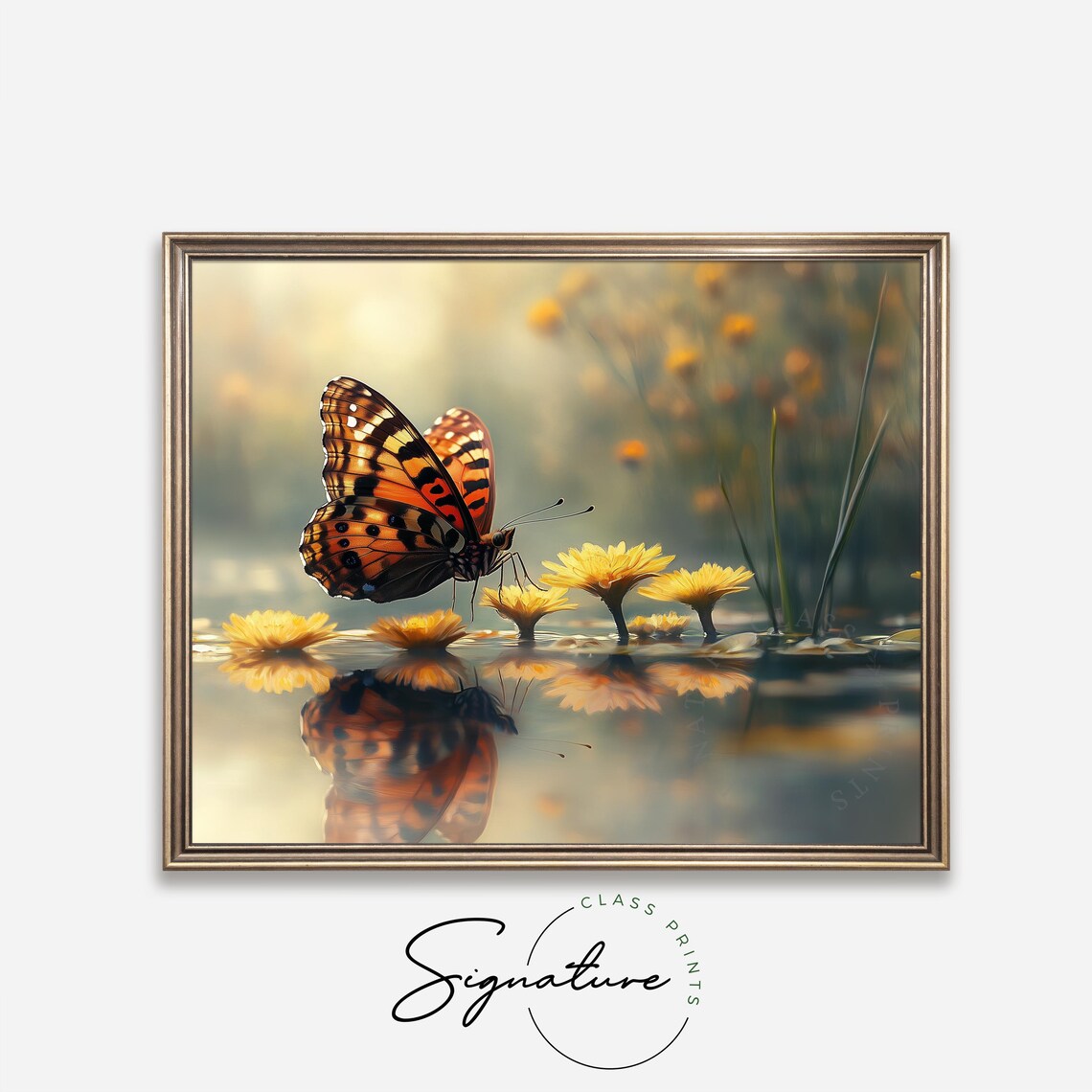 Butterfly Reflection In Golden Water With Yellow Flowers Calm Art Poster - Image 4