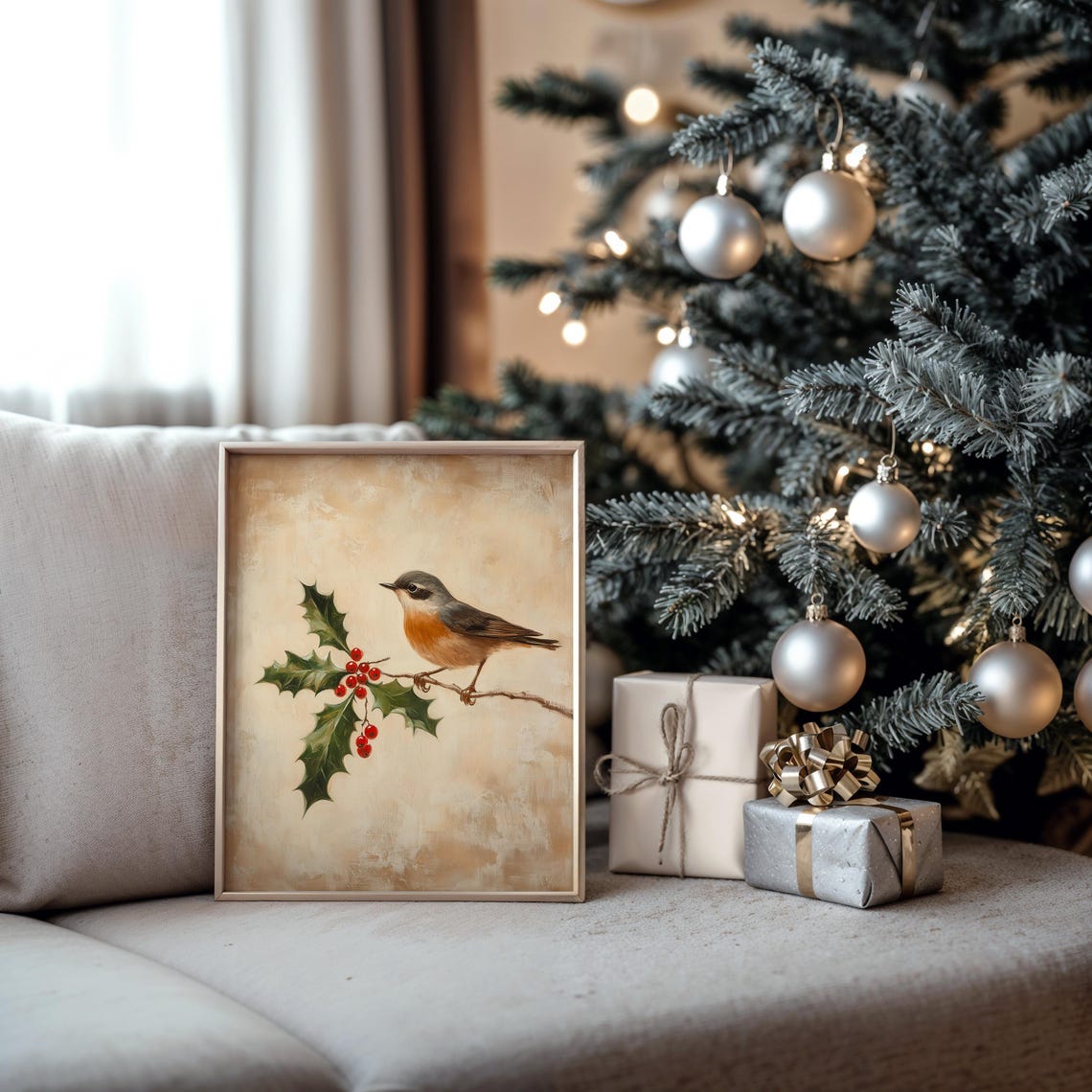 Robin On Holly Branch With Red Berries Vintage Christmas Bird Wall Art - Image 5