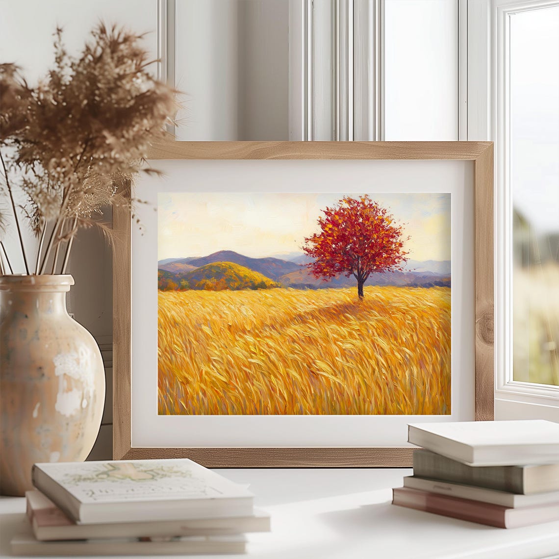 Lone Red Autumn Tree Golden Wheat Field Fall Landscape Painting Poster - Image 2