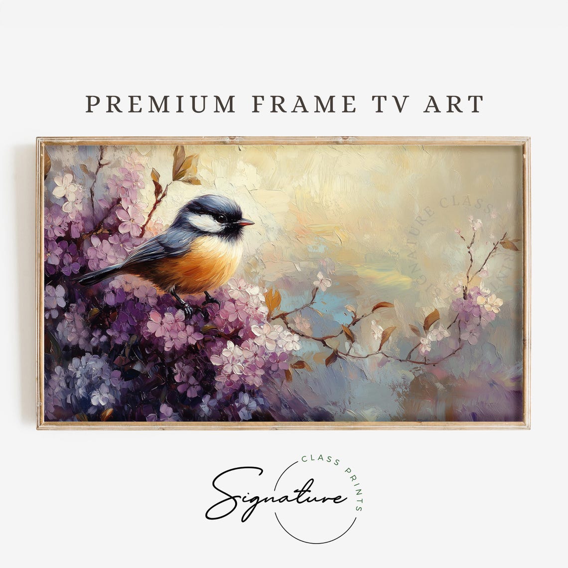 Chickadee On Lilac Blossoms Spring Oil Painting Bird Wall Art