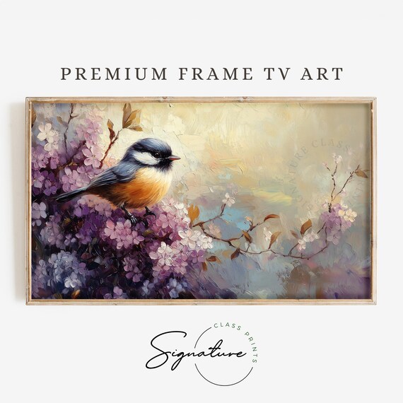 Chickadee On Lilac Blossoms Spring Oil Painting Bird Wall Art
