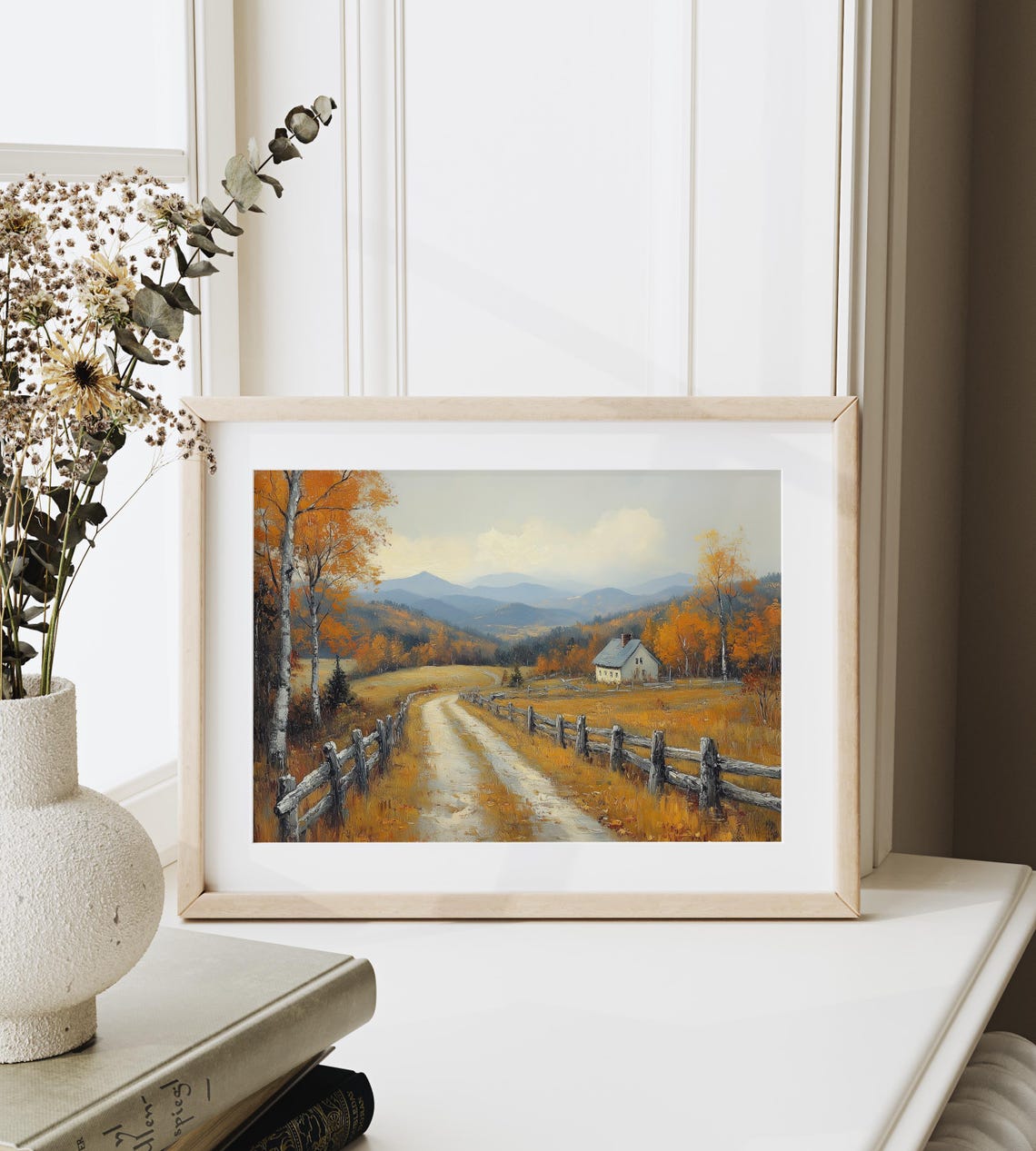 Country Road Between Split Rail Fences to Old Farmhouse Poster - Image 6