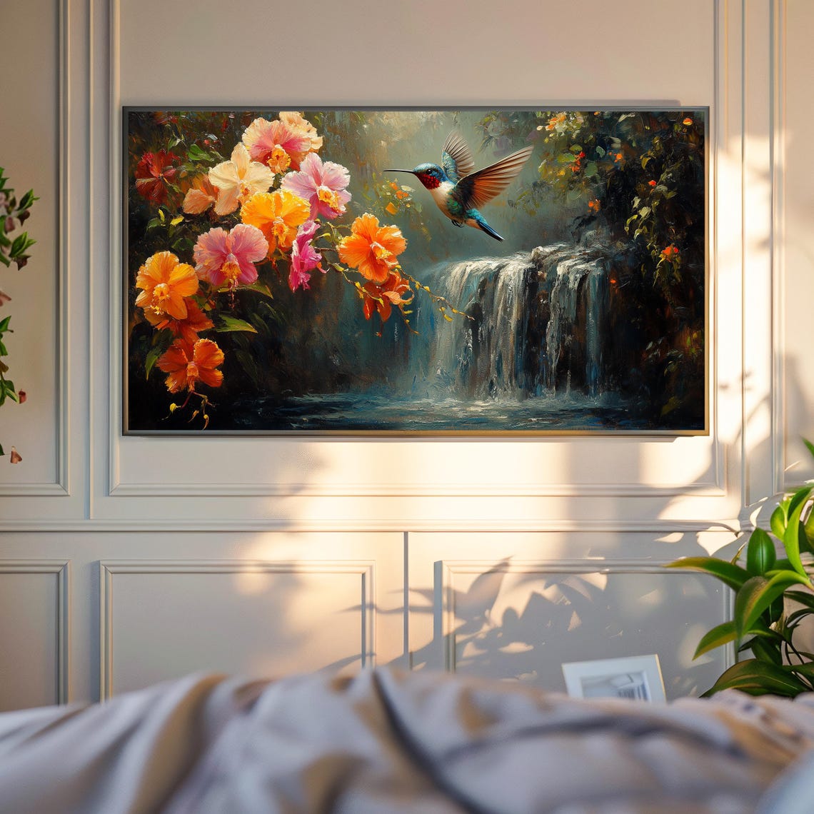 Hummingbird Near Vivid Orchid Blossoms By Misty Waterfall Poster - Image 4